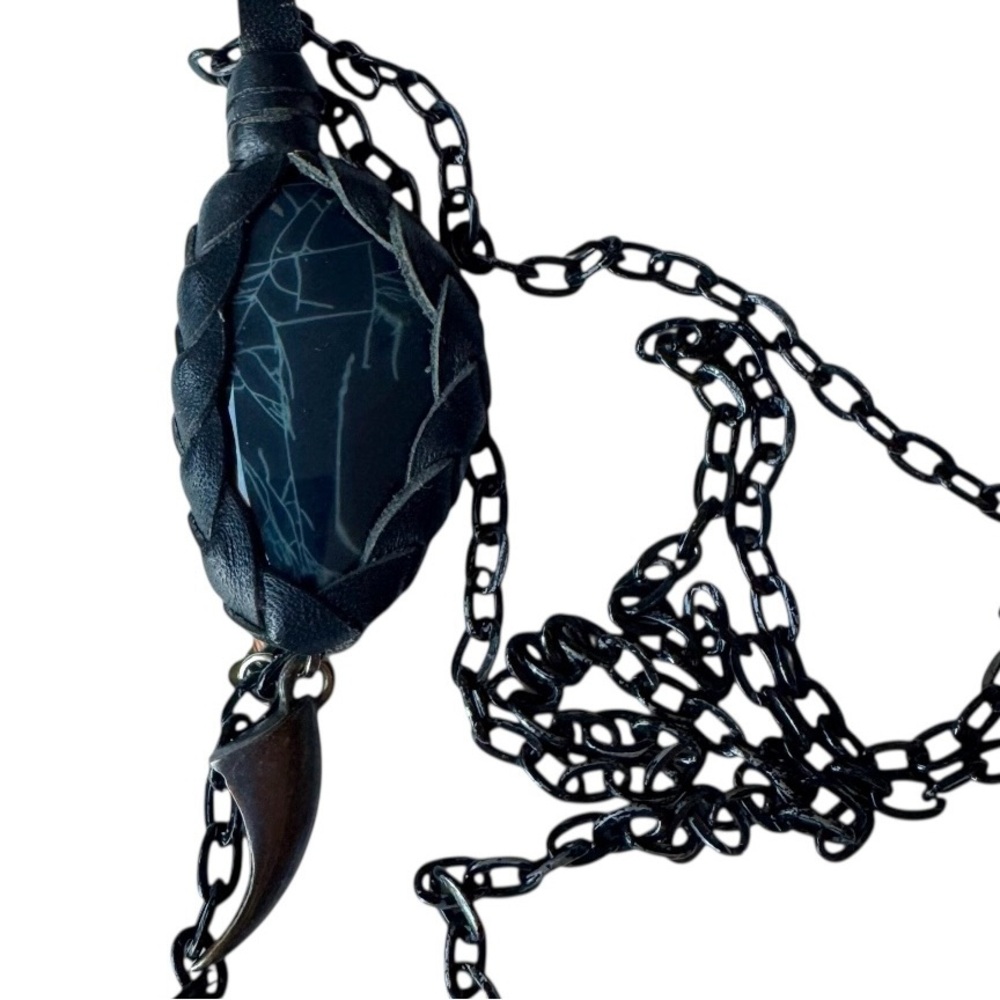 Leather Wrapped Black Stone Long Necklace Long Pendant Drop Native Boho Style - Picture 3 of 9